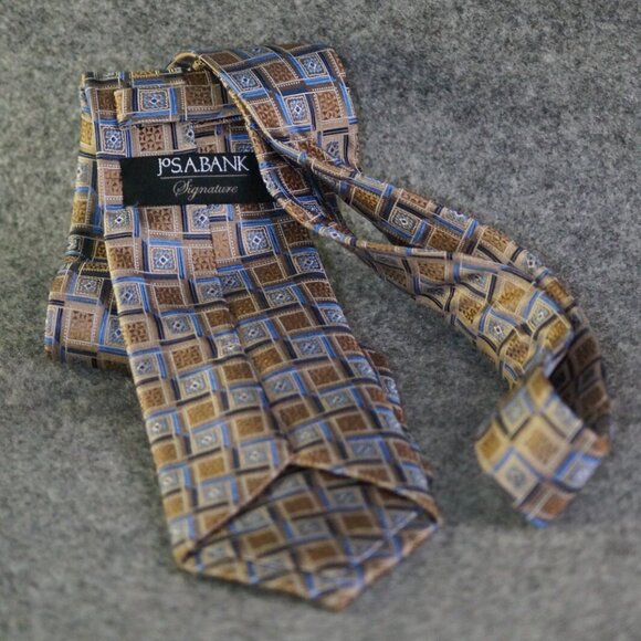 Jos. A. Bank Tie Brown Blue Beige Square Pattern Signature Silk Blend Menswear - Picture 2 of 3